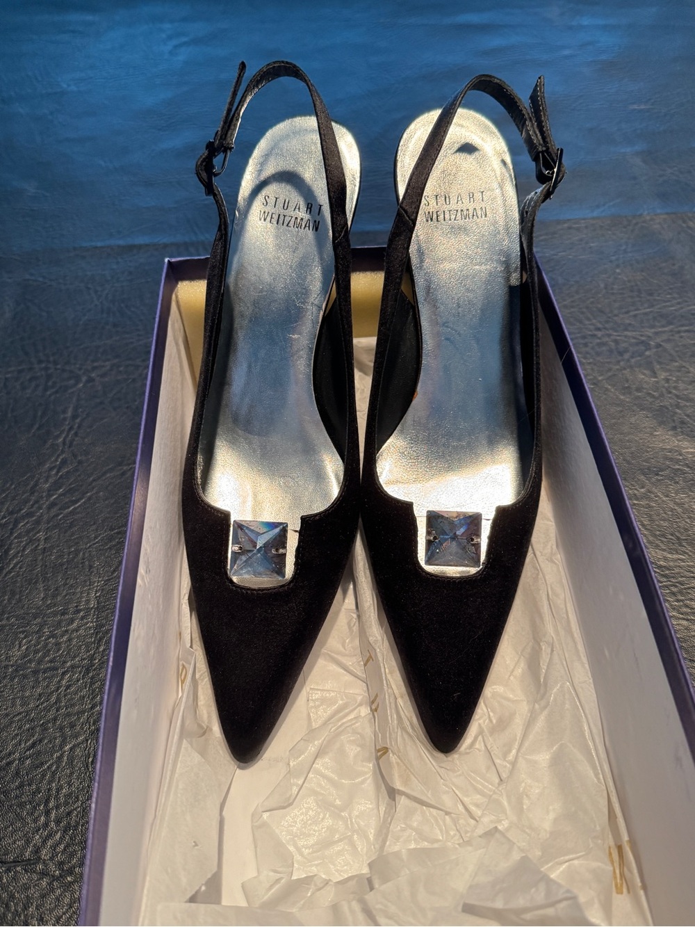 Stuart Weitzman Black Satin Pointed Slingback kitten Pumps w/Square Jewel New